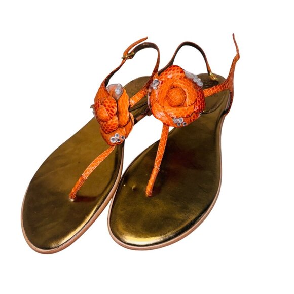 Vince Camuto Orange Snake-Embossed Flat Sandals 9 Gold Leather Flower Accent - Picture 3 of 11